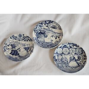 Vtg. Boch Delfts Miniature Blue & White Plates Set of 3 Dutch Children Scenes 4”